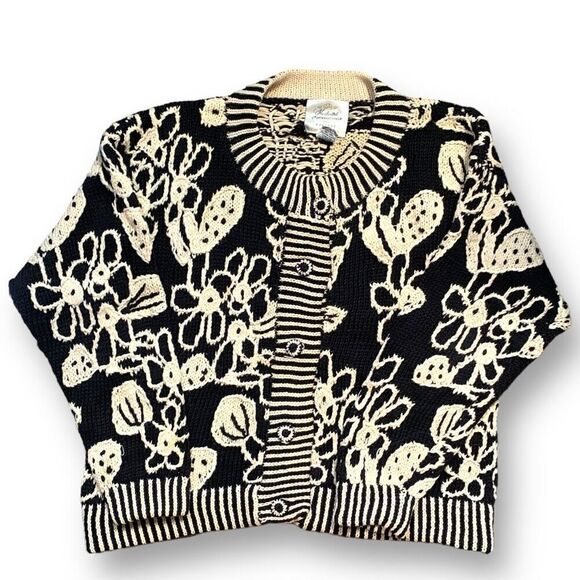 Vintage 90s Cardigan Sweater Round Neck Cropped Knit Black Dark Floral Oversized - Picture 3 of 12